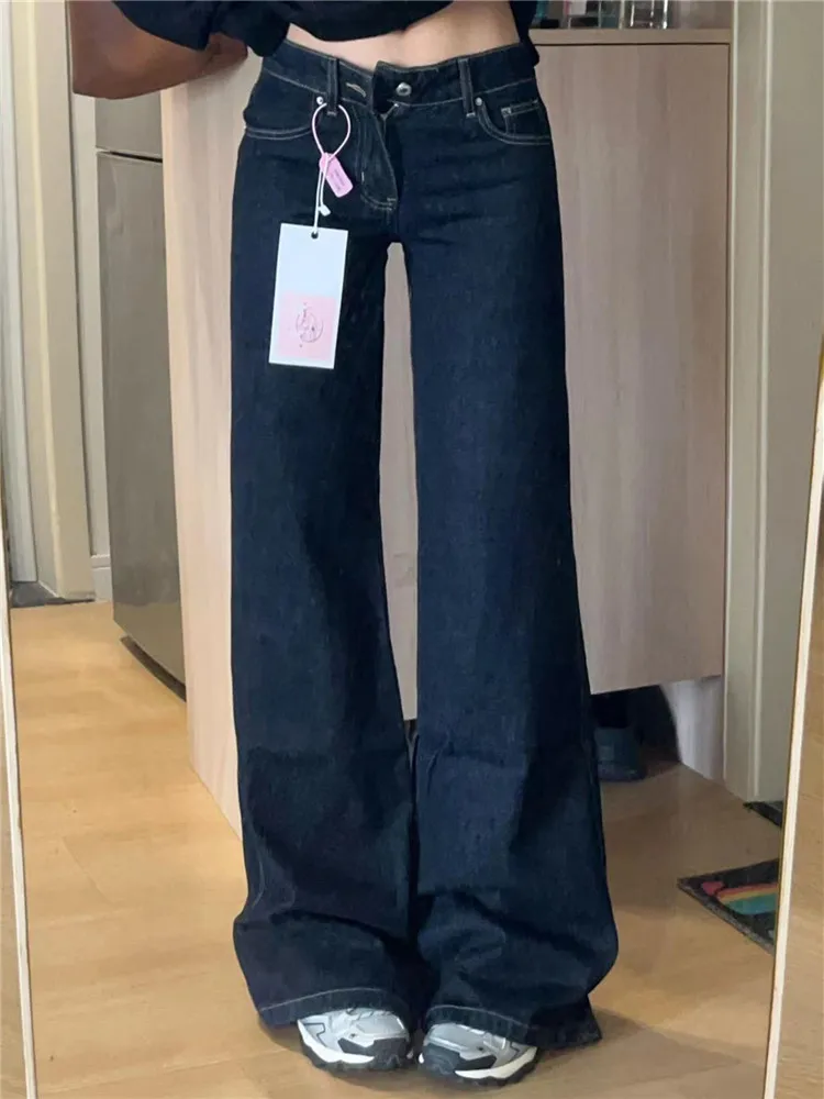 

American Retro Deep Blue Bell Bottom Wide Leg Jeans Women's Spring Autumn Loose Slim Tall Extended Low Waist Pants