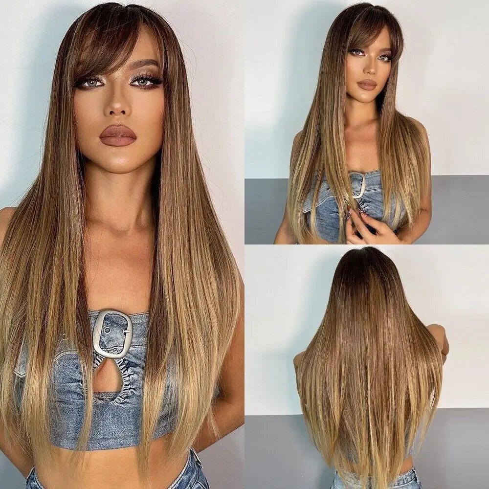 Long Straight Ombre Brown Synthetic Wigs Full Hair Natural Women Fashion Daliy