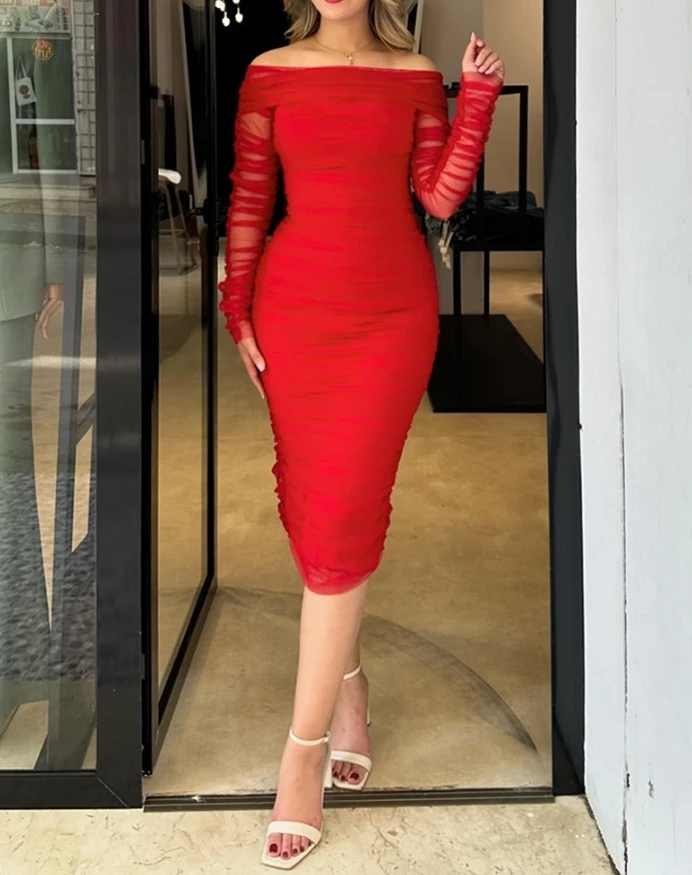 Elegant Dress for Women Off Shoulder Sheer Mesh Bodycon Dress Long Sleeve Ruched Midi Party Dress Shipped Within 48 Hours