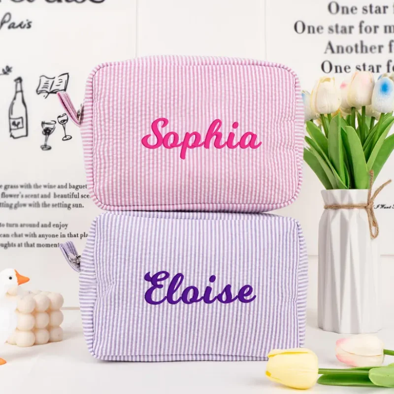 

Personalized Seersucker Cosmetic Bag Monogrammed Toiletry Bag Bridal gift,Baby gift,Birthday Bag,Bridesmaid Makeup Bag