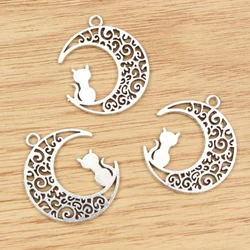 10pcs 30x26mm Antique Silver Plated Cat Moon Chrams Metal Alloy Pendant DIY Jewelry Making Finding Accessories