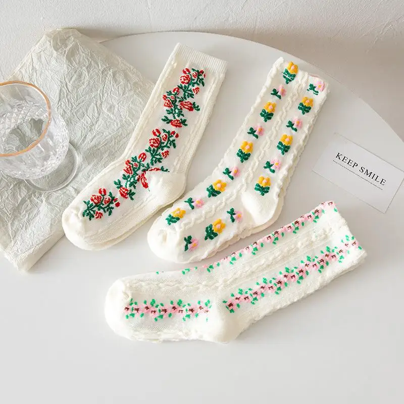 BELLBELL 3Pairs Kids Girl Sock Vintage Flower Print Sock for 1-8Y Girls Korean Breathable Children Mid-tube Sock Girl Sweet Sock