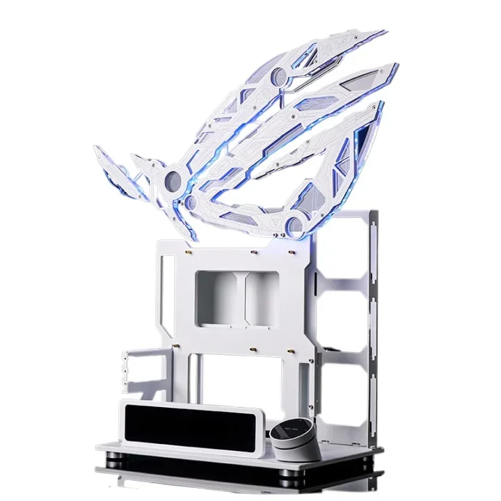 

Metal, open computer case, host skeleton rack, vertical graphics card