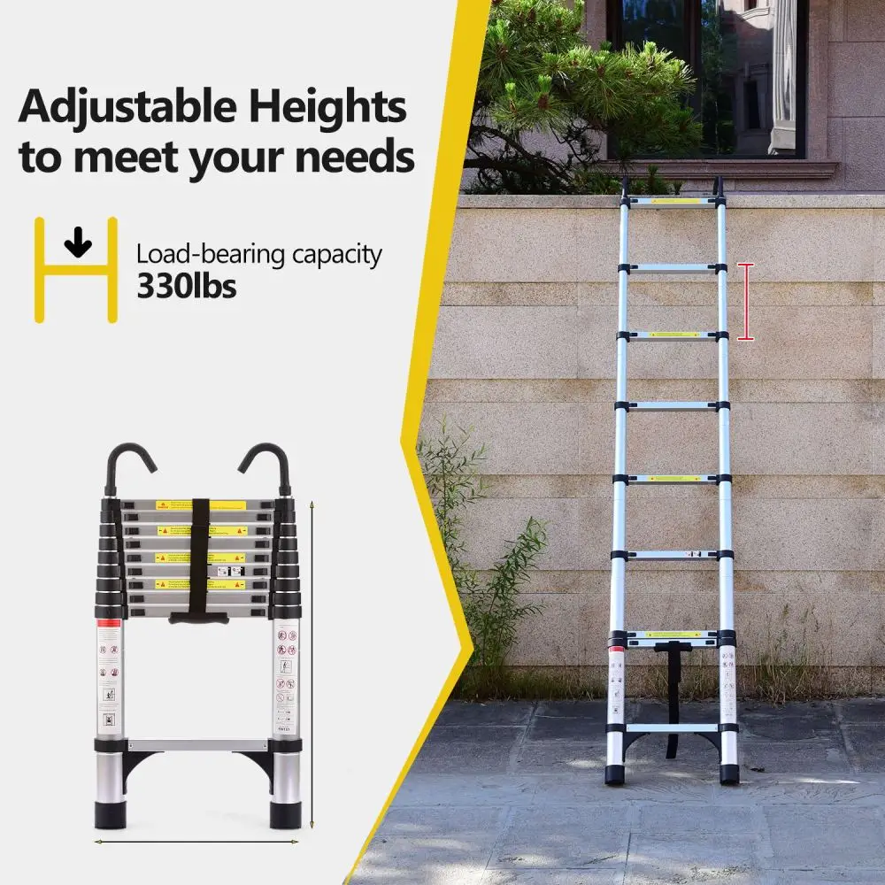 10.5ft Retractable Aluminum Ladder with Hook, Foldable Multi-functional, RV/Attic/Home,330lbs (≈3.2m)