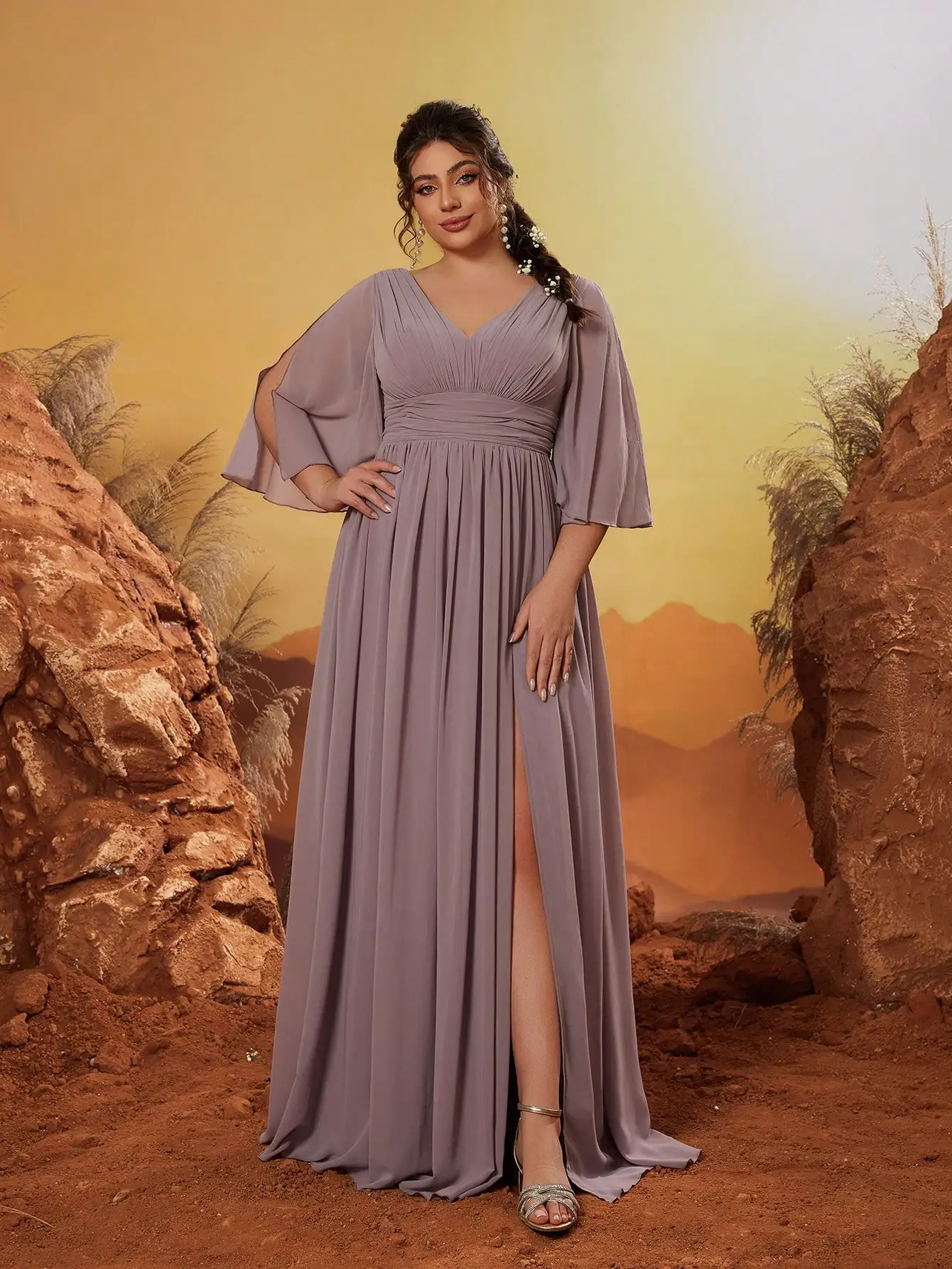 فستان وصيفة العروس من Mgiacy برقبة على شكل حرف V، مطلي يدويًا، متوسط الأكمام، بدون ظهر، برباط، شق، أنيق وكريمة