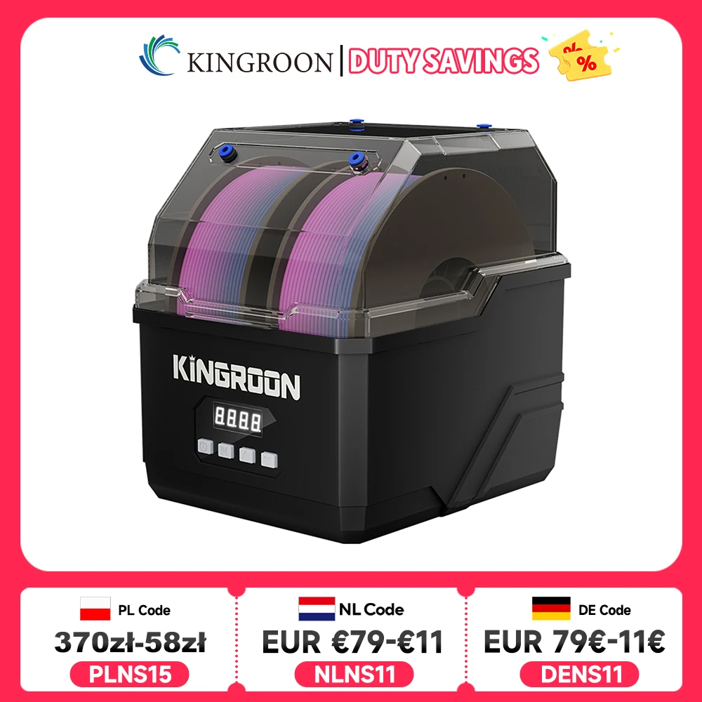 KINGROON Filament-Trockner KR02 Trockenbox 2KG PLA PETG ABS TPU Filament-Trocknung 24 Stunden 360° Heißluft-Heizung, Doppelspulen Neu Schwarz