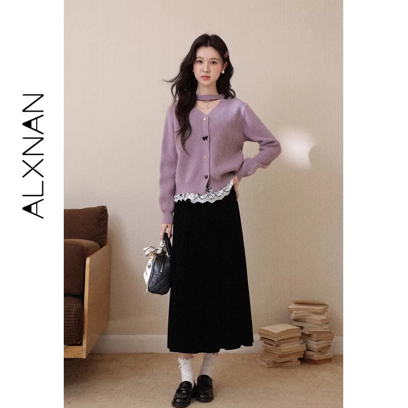 ALXNAN Women's Purple Knit Cardigan V-neck Hollow Out Unique Buttons Sweaters for Autumn Winter Fashion Tops Ladies L60212