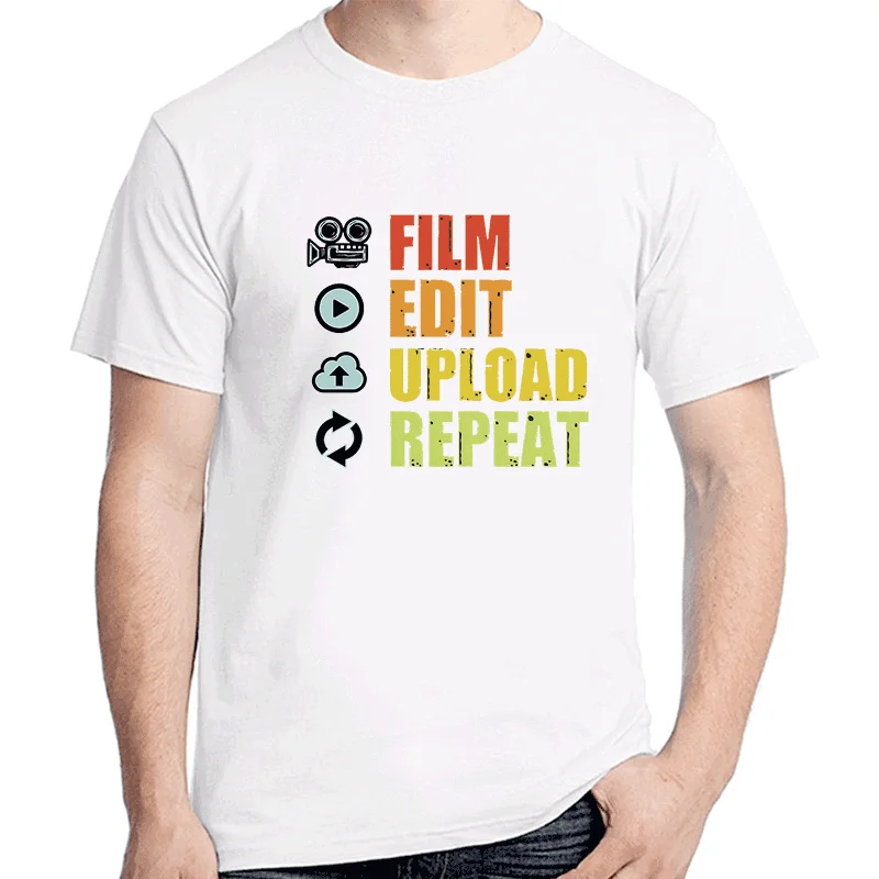 Film Edit Upload Repeat Funny Film Graphic T Shirts Cotton Short Sleeve T-Shirts Summer Tees Tops Streetwear Mens Clothes