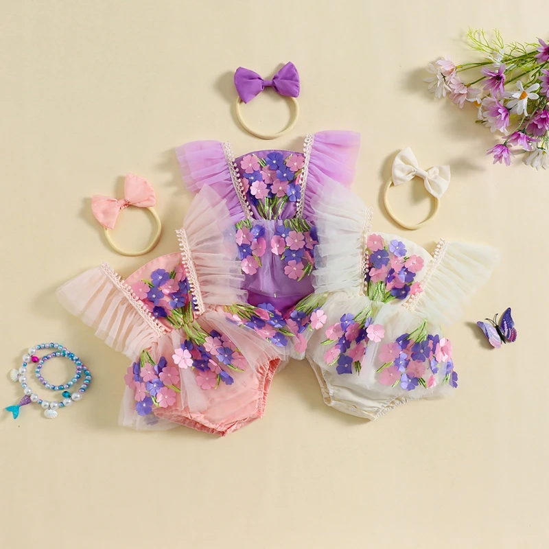 2024-05-29 Lioraitiin 0-18M Baby Girl 2Pcs Summer Outfits Ruffle Sleeveless 3D Flower Tulle Skirt Romper with Headband Set