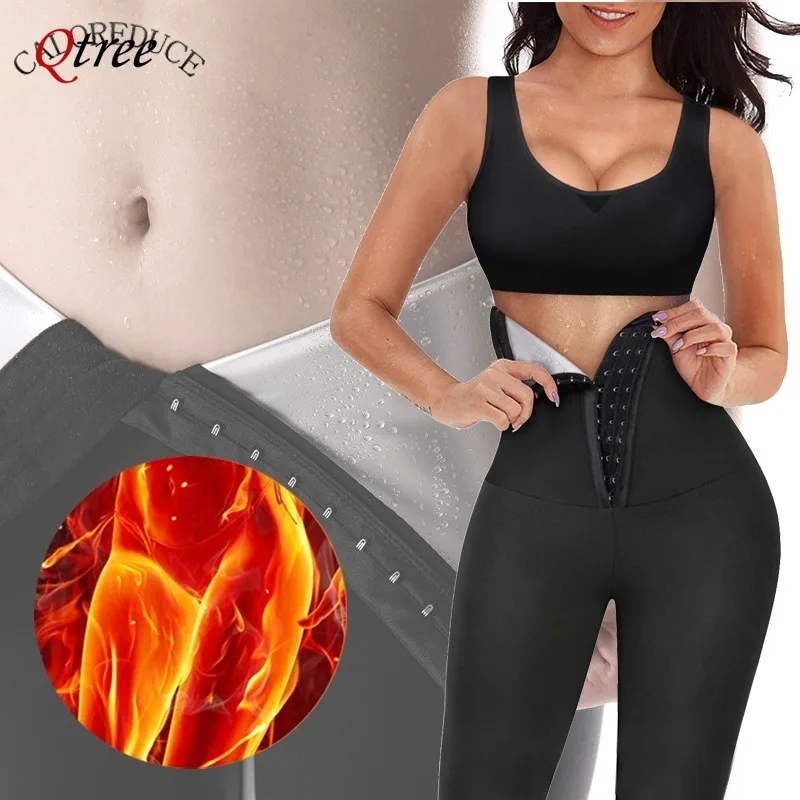 Qtree Sauna Body Shaper Pants Women Hot Thermo Sweat Slimming Shorts Fitness Hooks Workout Gym Leggings Waist Trainer Shapewear