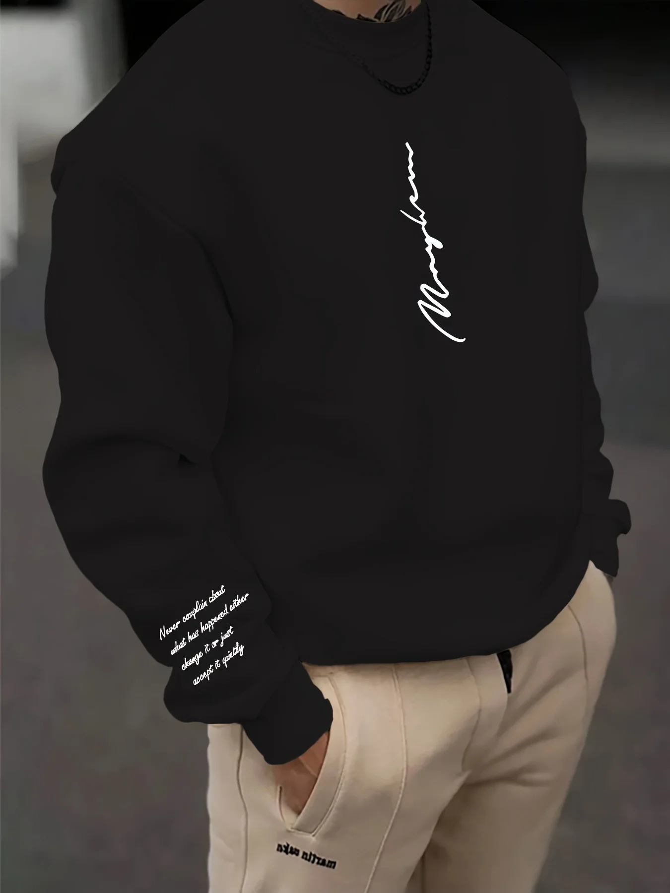 New men's autumn minimalist letter stripe printed micro elastic comfortable round neck long sleeved Tshrit outdoor casual top
