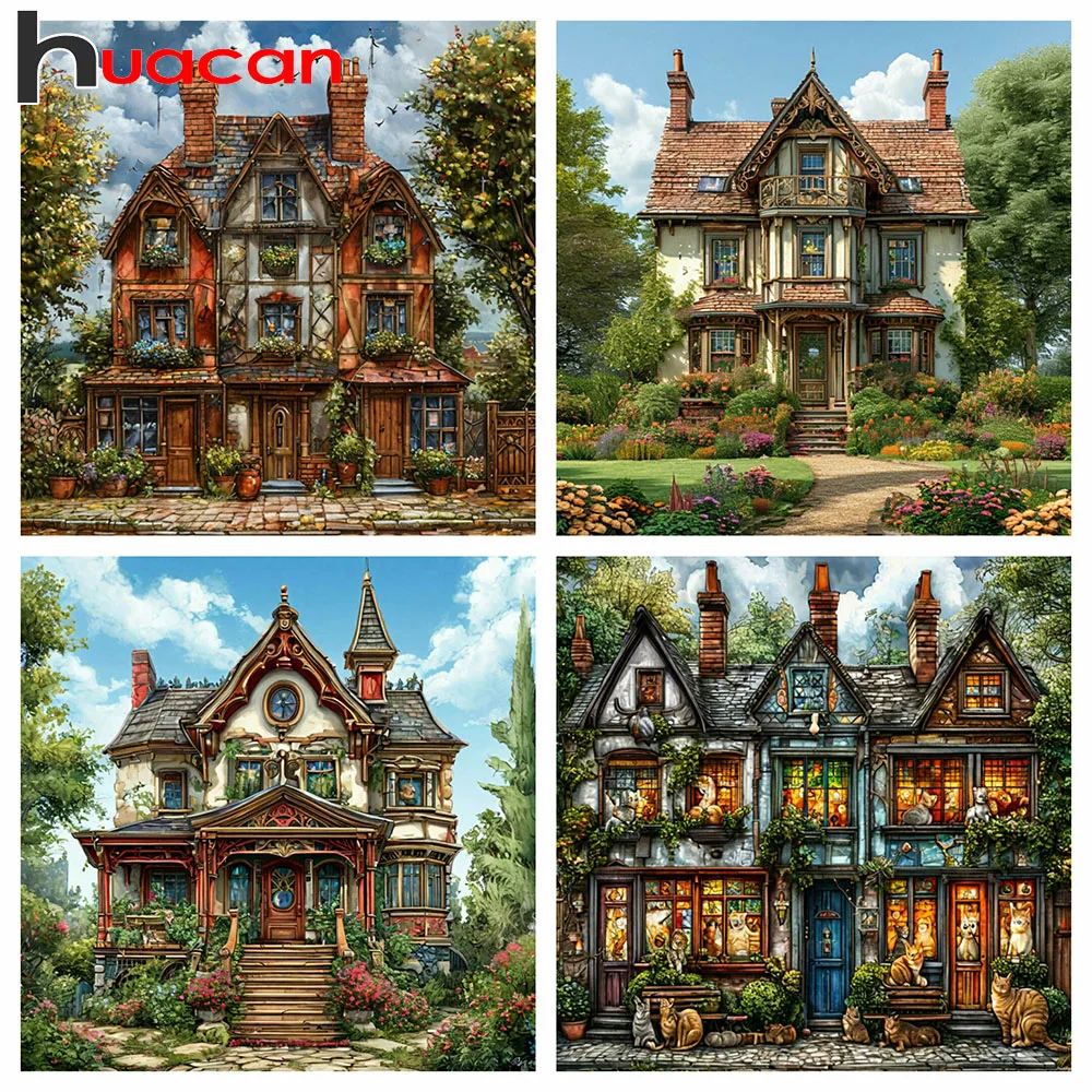 Huacan DIY Bedrucktes Kreuzstich-Set „Herrenhaus“ – Neu eingetroffen, Landschafts-Stickerei, 11ct, Heimdekoration