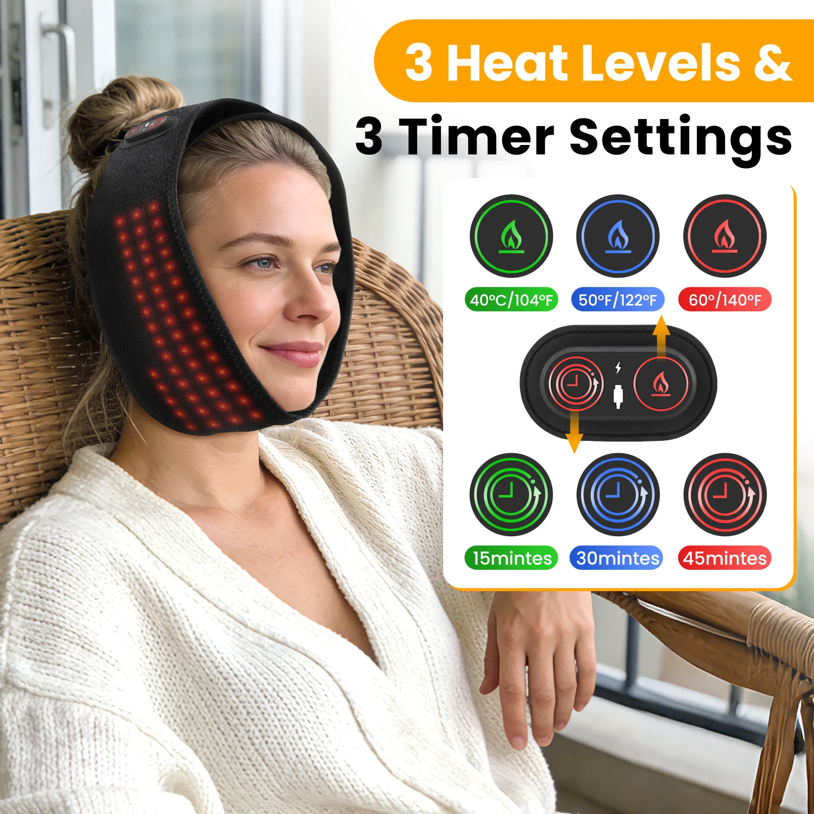 

Infrared Heated Face Wrap Belt 660nm Red Light Care 3 Heating Levels Support Brace for Face Wrist Forehead Warmer Corless Pads