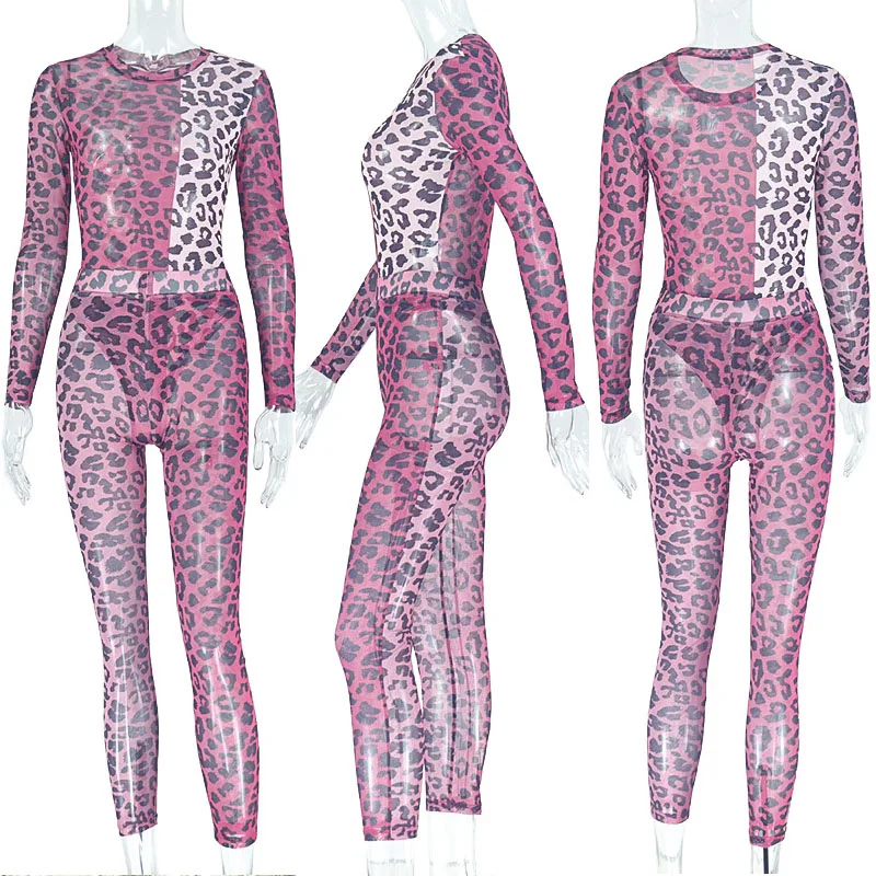 Sexy Leopard Gedruckt Sheer Club Outfits Frau Zwei Stück Set Lange Hülse O-ansatz Overall Top und Hosen Nacht Party Passenden Sets