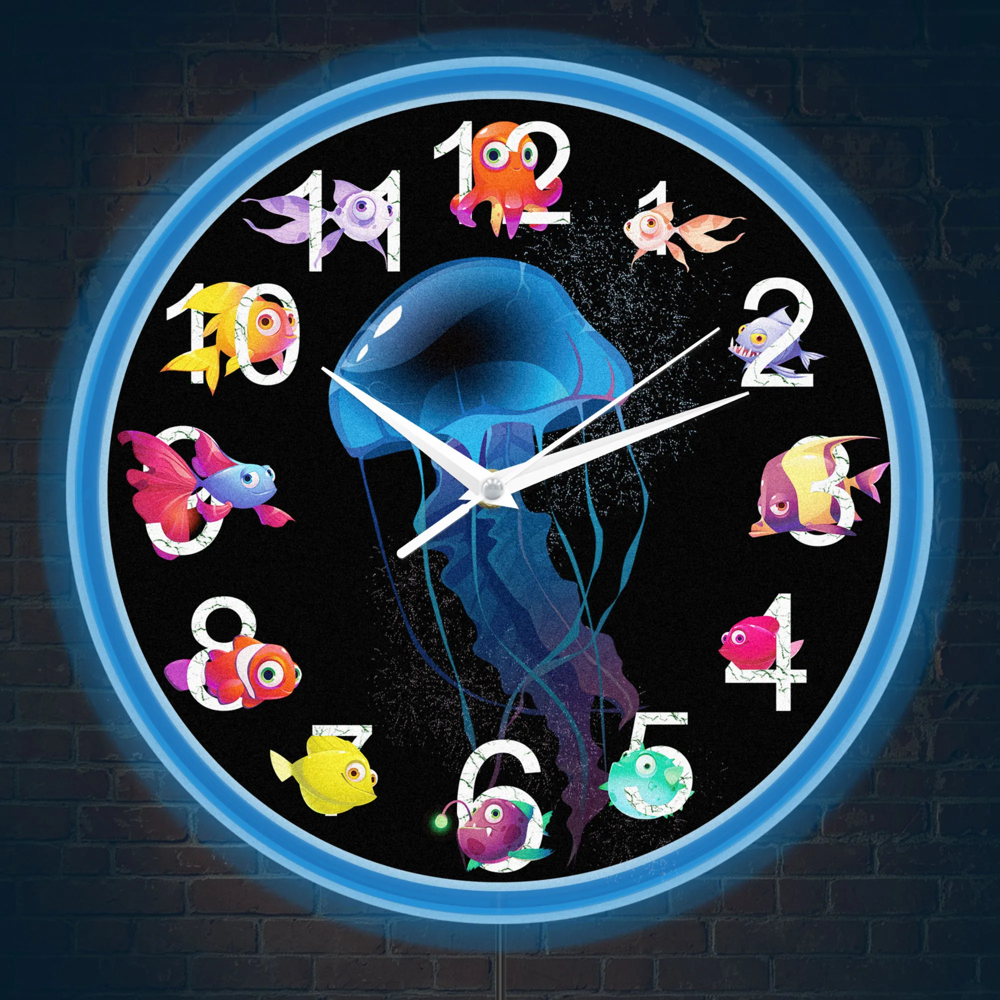 Cartoon Deep Sea Jellyfish LED Neon Lighting Wall Clock with Silent Movement Ocean Marine Creature Art Decor for Aquarium Room