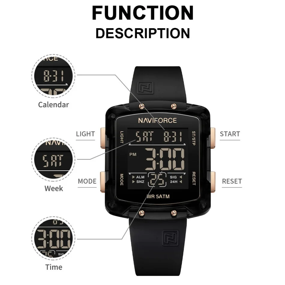 ساعة رياضية للرجال من NAVIFORCE مع شاشة عرض إلكترونية من السيليكون للرجال، مقياس بخار العد التنازلي، منبه التقويم، ساعة عرض الأسبوع