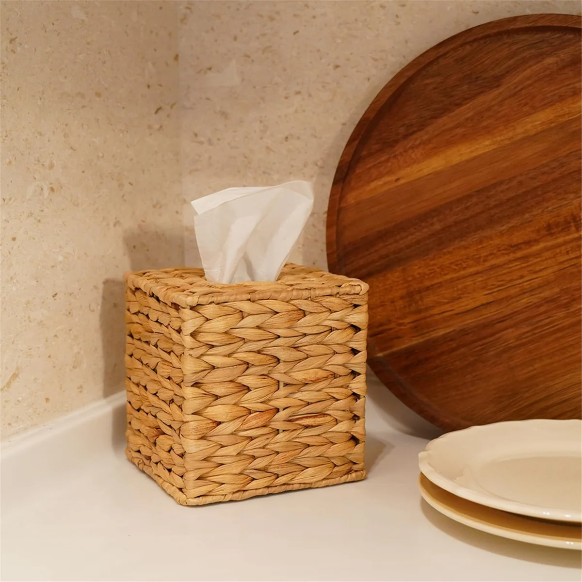 Water Hyacinth Handwoven Tissue Box Cover, Handmade Wicker Napkin Box Holder, Rustic Decorative on Table and Bathroom