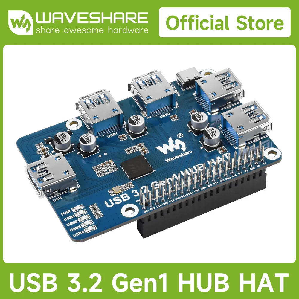 

Waveshare USB 3.2 Gen1 HUB HAT For Raspberry Pi 5/4B/3B/Pi Zero, 4x USB 3.2 Gen1 Ports, Driver-Free