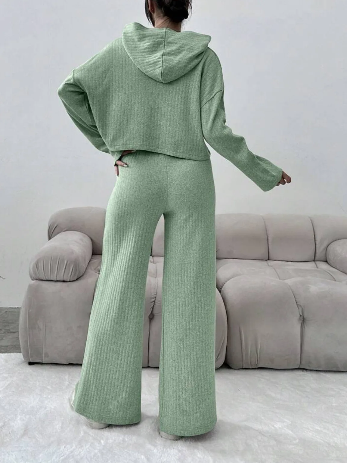 2025 الخريف بلون محبوك مقنعين السراويل الطويلة طويلة الأكمام سراويل أنيقة غير رسمية مجموعة فضفاضة بلون مريح #4