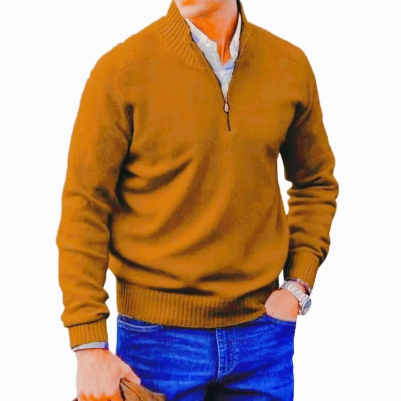 Zip-Up Stand Collar Pullover Sweater Men's Casual Knit Top