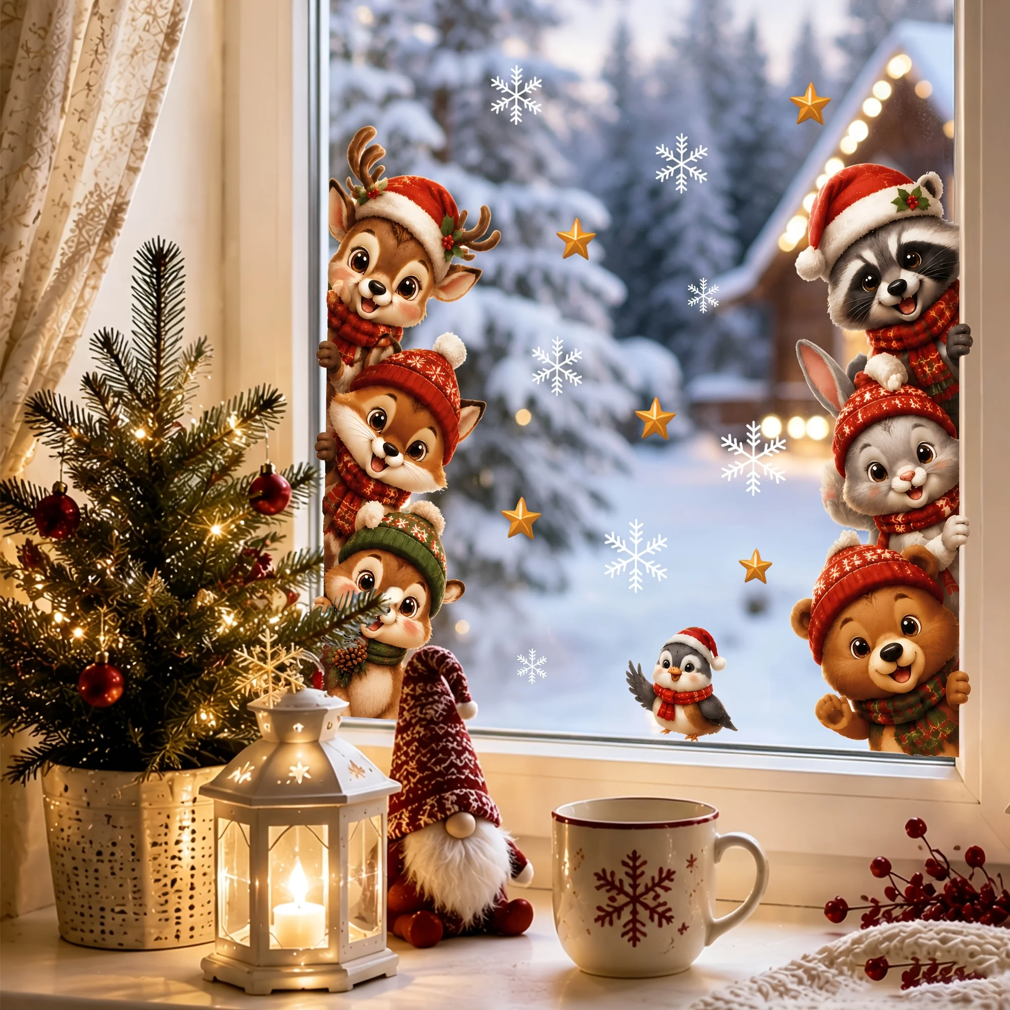 1pc Christmas Peeking Woodland Animals Window Sticker Deer Fox Squirrel Rabbit Polar Bear Santa Hat Snowflake Vinyl Decal Home