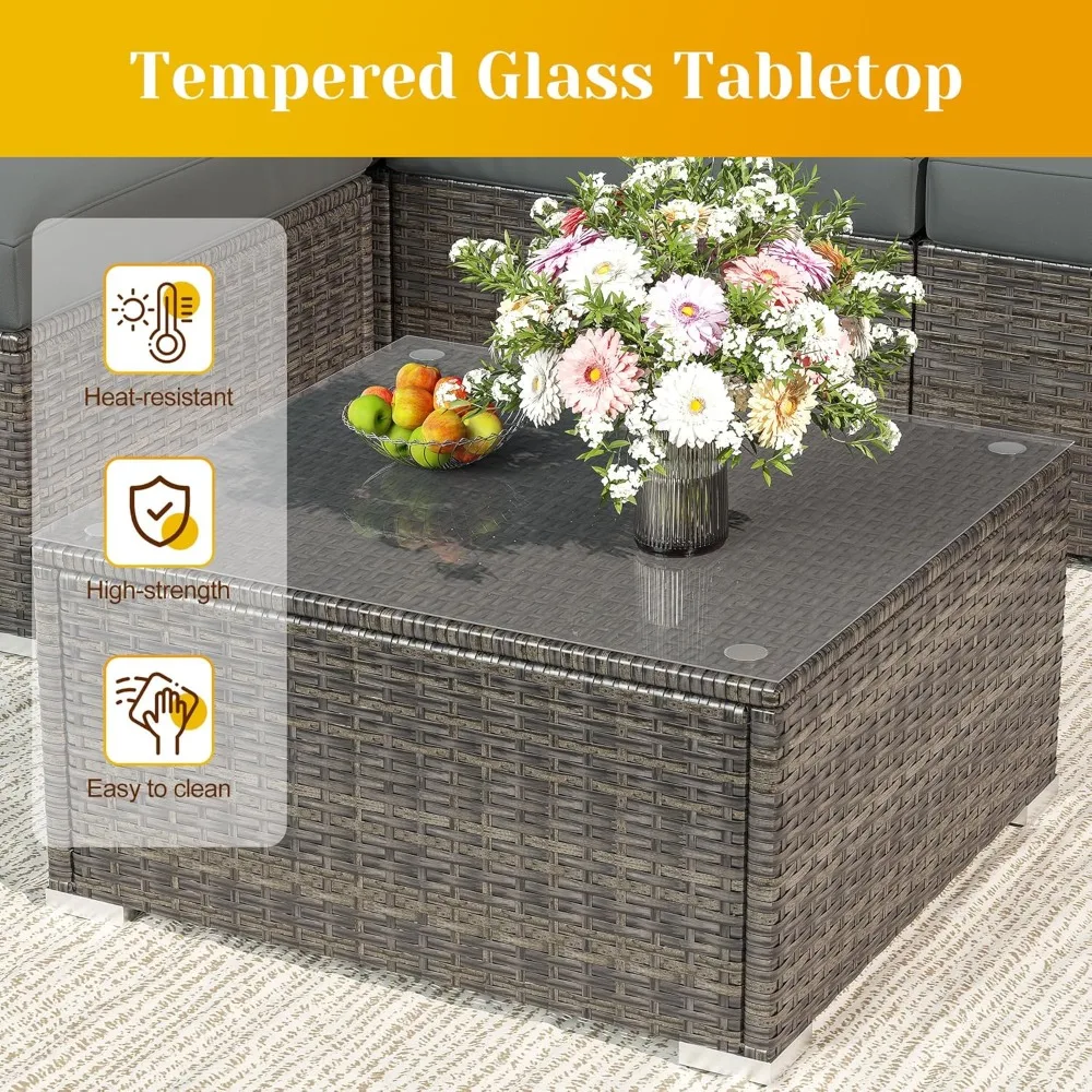 5 Piece Outdoor Patio Sectional Furniture Set, Weather Resistant Rattan Outside Couch, Waterproof Conversation Sofa for Balcony,