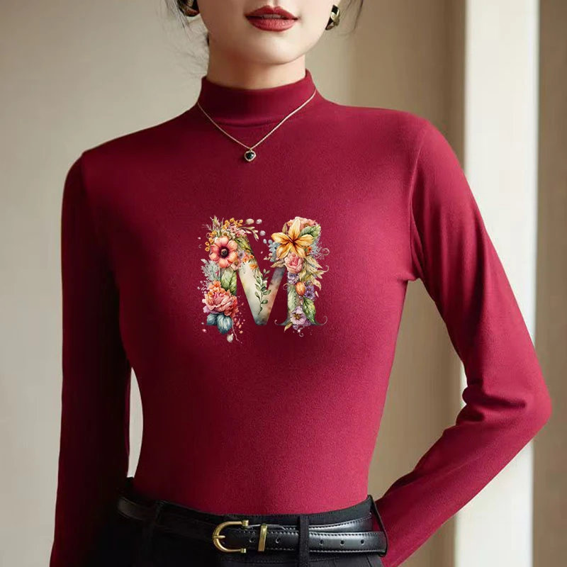 2026 New Autumn Winter Thermal Brushed Fleece Long Sleeve Graphic Print T shirt Blouses Female Warm Shirt Women Top