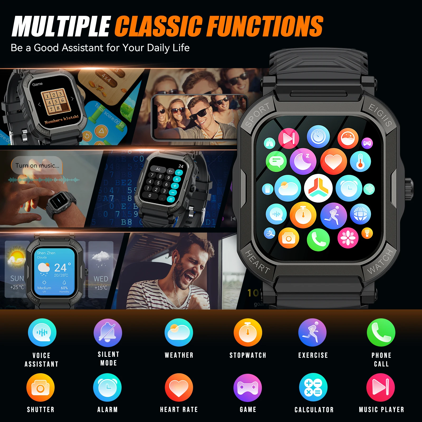 EIGIIS 2025 Smart Watch for Men with1.91''Outdoor Sports Waterproof Fitness Tracker with Heart Rate Blood Pressure Monitor