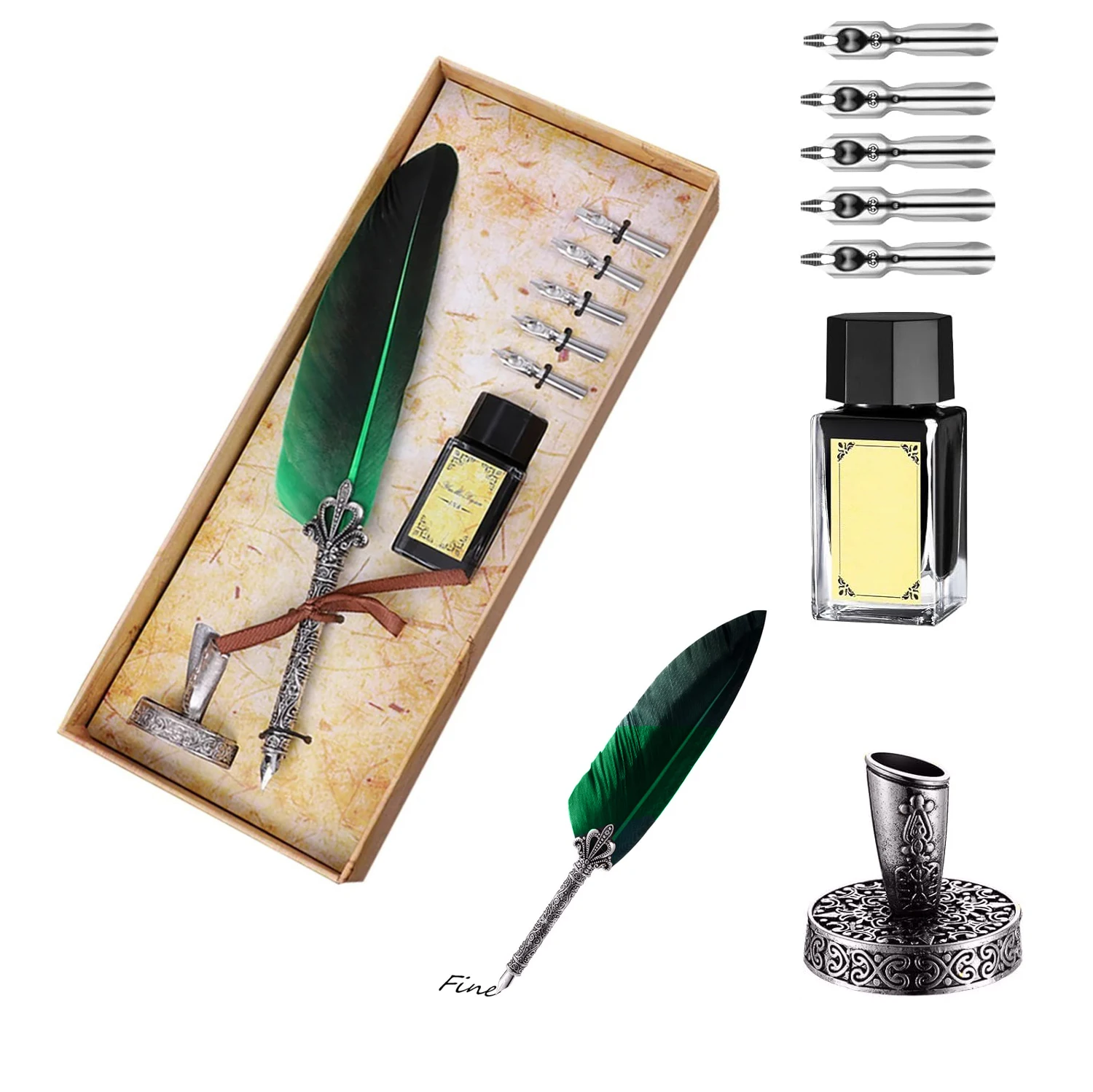 

Calligraphy Pen Set Feather Pens Handmade True Feather and Stainless Steel Nib Best Antique Includes Ink