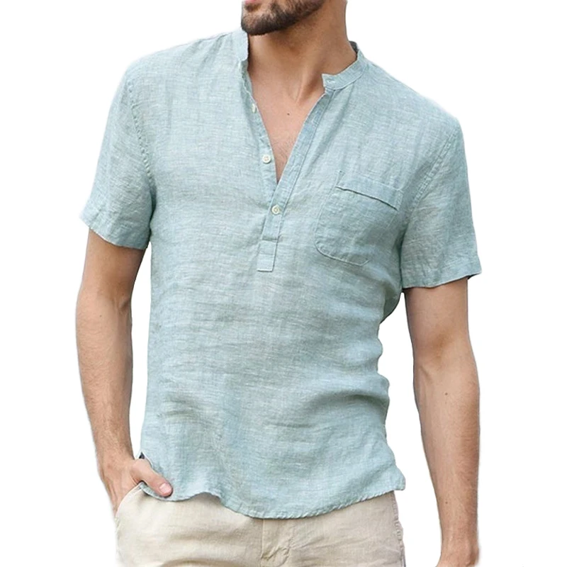 Summer Fashion Cotton Linen Casual T-Shirts Casual Male Short Sleeve V-Collar Breathable Men\'s Tee Button-up T S-5XL