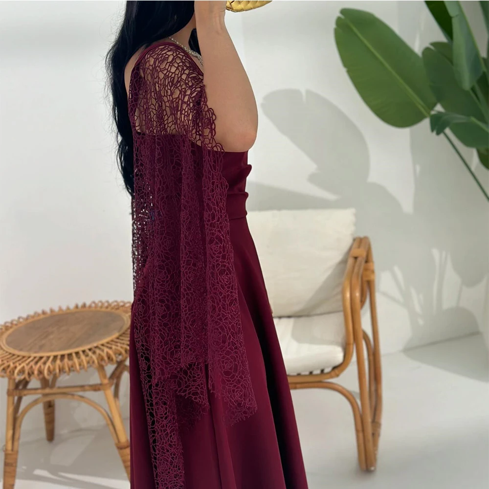 Classic Watteau Train Spaghetti Straps Pleats A-Line Evening Dresses Temperament Ankle Length Square Neck Burgundy Party Gowns