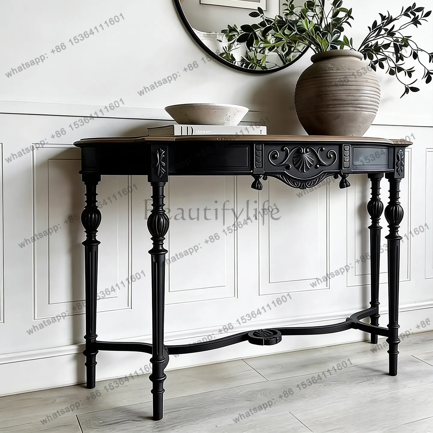

French retro entrance table solid wood carving flower black living room corridor wall decoration table