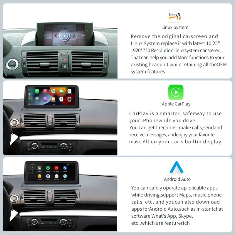 Bezprzewodowy Carplay/Android Auto 10.25 \'\'ekran dotykowy multimedialne Radio odbiornik dla BMW 1er E81 E82 E87 E88 2004-System 2008 CCC