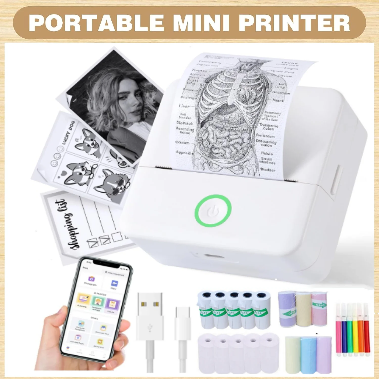 Portable Thermal Printer With 16 Roll Of Paper, Multi-function Printer, Photo/Text//Graphic Label/to-do Printing Device Accessories, USB Charging Compatible With Smartphones | Office/Home/Gift
