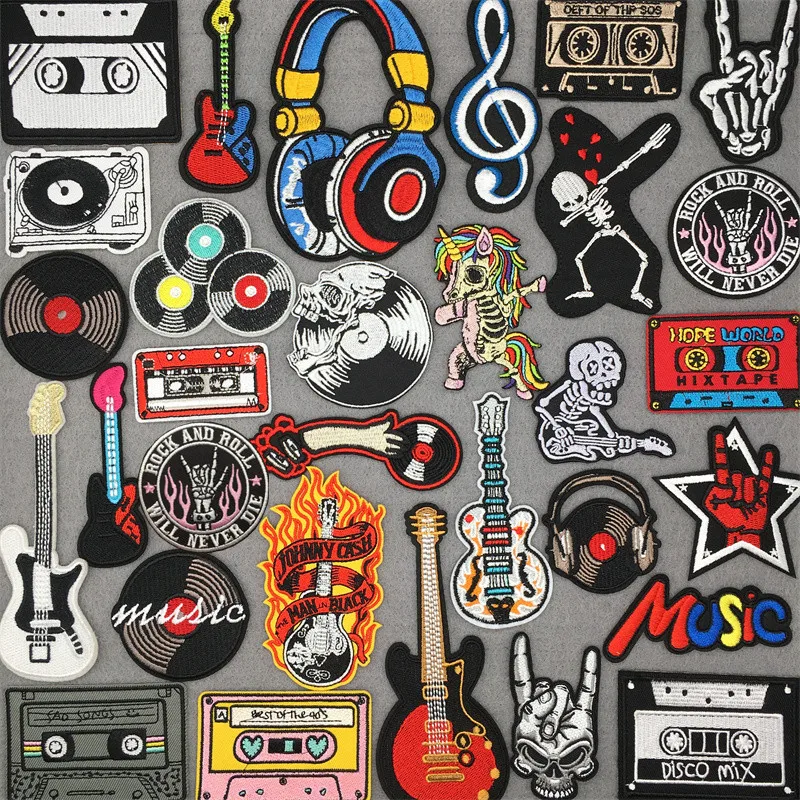 Rock Music Disco DJ Embroidered Punk Patches on Clothes Headset Guitar Stripes Iron on Patches for Clothing Diy Appliques