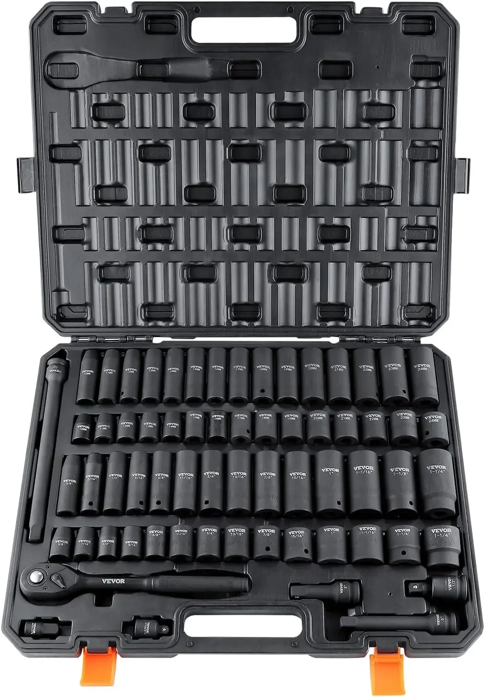 

1/2" Drive Impact Socket Set, 65 Piece SAE 3/8" to 1-1/4" and Metric 10-24mm, 6 Point Cr-V Alloy Steel for Auto Repair