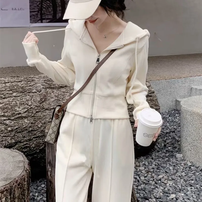 

Spring and Autumn Casual Zipper Hooded Sports Suit Women's Slim-fit Long Pants Suit Jogging 2 Pcs Sets