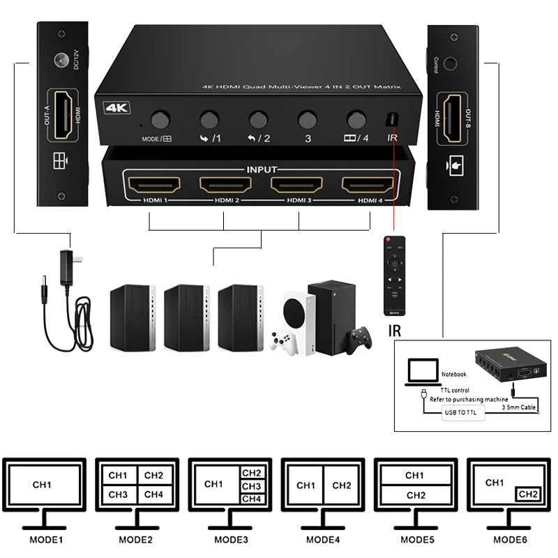 HDMI-compatible Splitter Switch Quad Multi-viewer Multi-function Docking Seamless 4Way CH HDMI-compatible Matrix 4X2 HUB 4IN2OUT