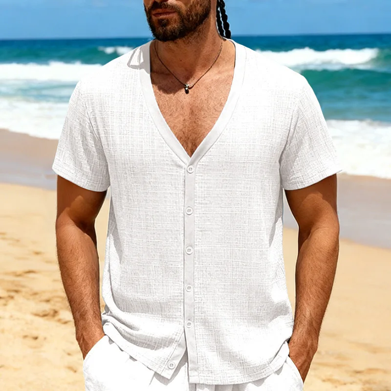 

Men's Linen-Like Short Sleeve Shirt V-Neck Button Down Casual Loose Fit Breathable Summer Beach Tops