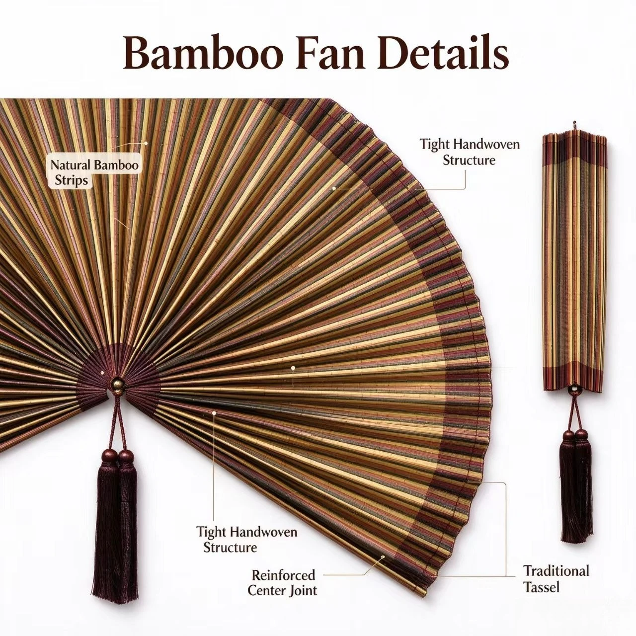 Boho Handcrafted Bamboo Wall Hanging Fan, Japandi Rustic Wall Art for Home Decor