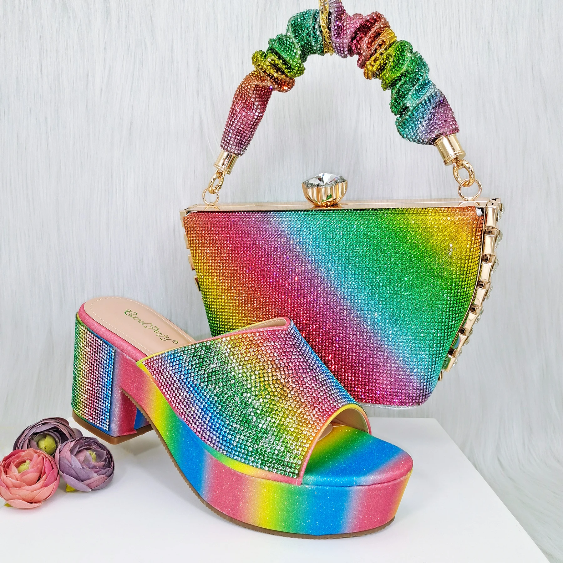 

QSGFC Italian Design Rainbow Colored Rhinestone Striped High Heels, Nigerian Paired With Open Sandals, Shoes Bag Set For Women