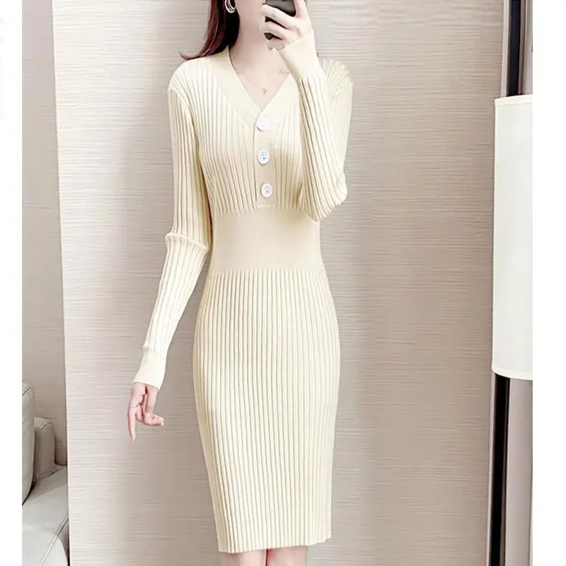 여성용 우아한 모노크롬 울 원피스, V넥 코르셋 원피스, 슬림핏 의류, 오피스 레이디, 가을 패션, 모노크롬
