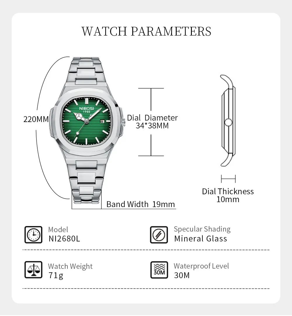 2 قطعة NIBOSI ساعات مربعة فاخرة للمرأة مضيئة مقاوم للماء تاريخ السيدات ساعة أنيقة المرأة ساعات كوارتز ساعات الإناث #2