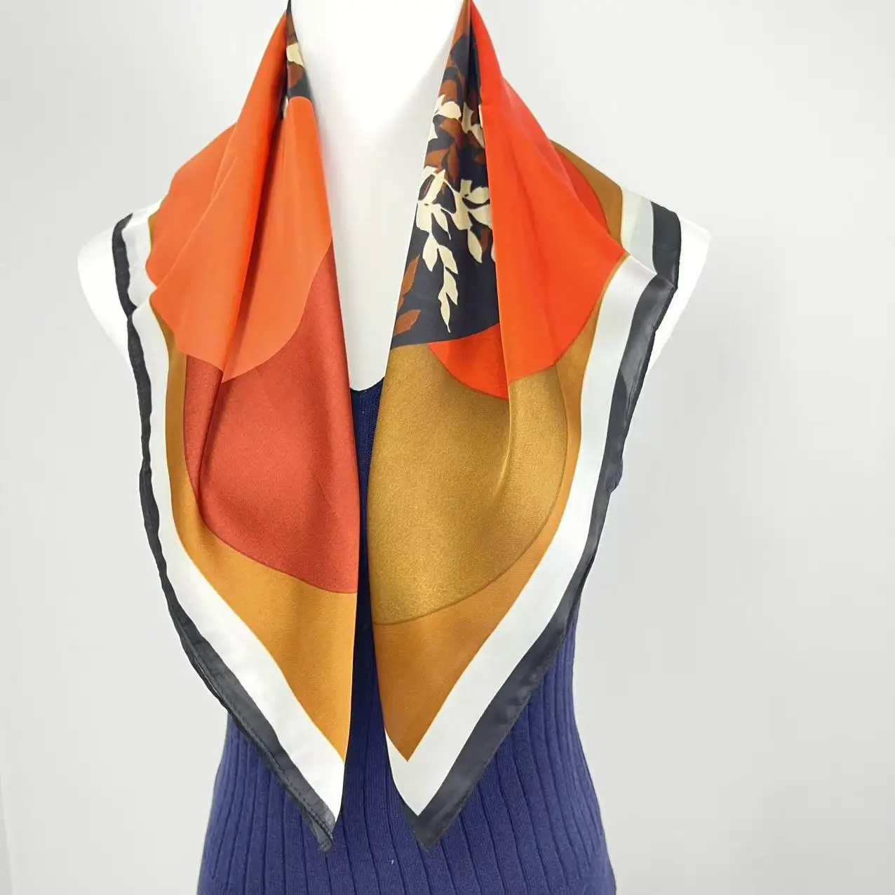 65*65CM Women Faux Silk Square Scarf Abstract Color Block Circle Autumn Leaf Print Satin Neckerchief Multi Purpose Head Scarf Wa
