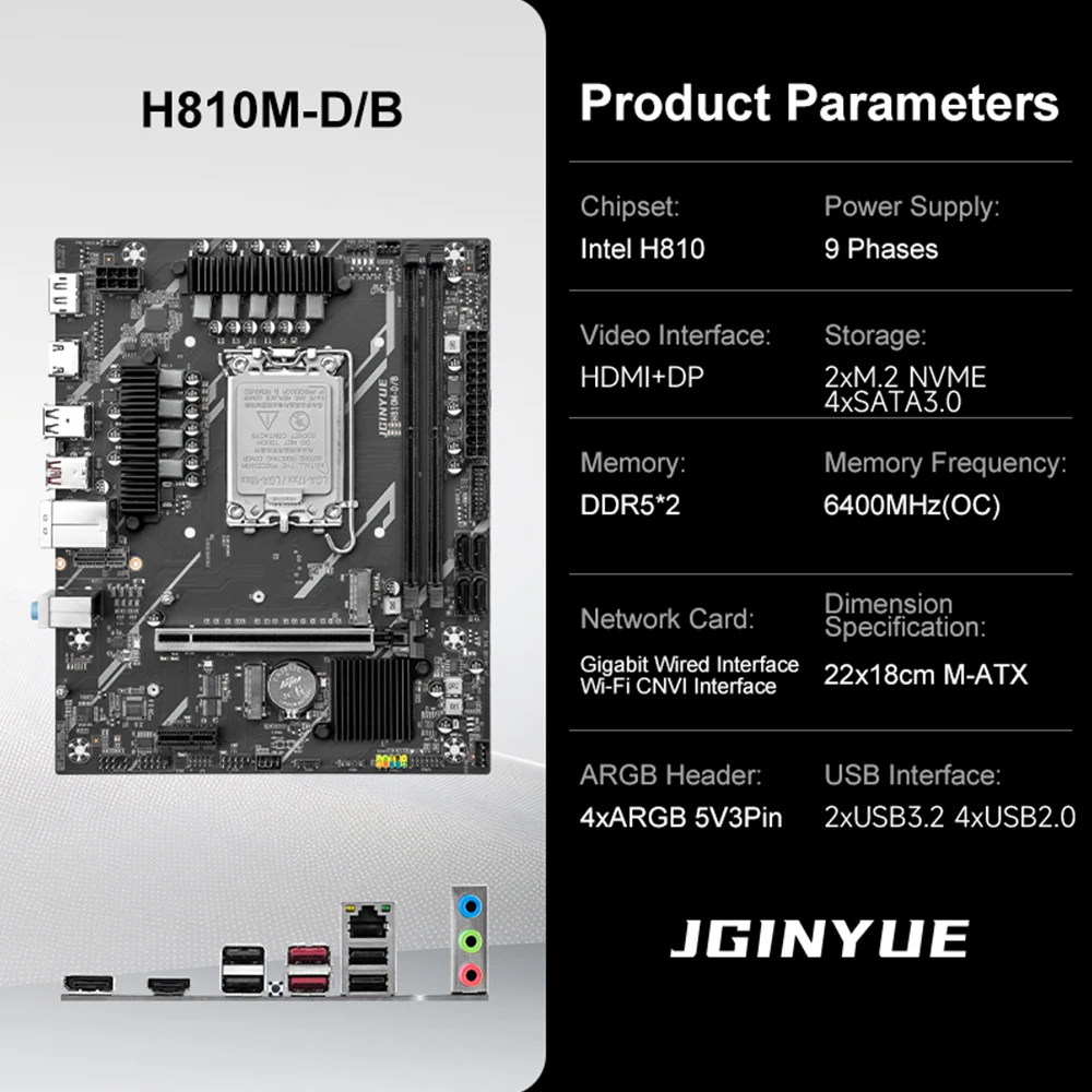 JGINYUE H810 Motherboard Intel LGA1851 Dual-channel DDR5 Supports 225F/230F/245K/245KF Core Ultra 200 Series Processors
