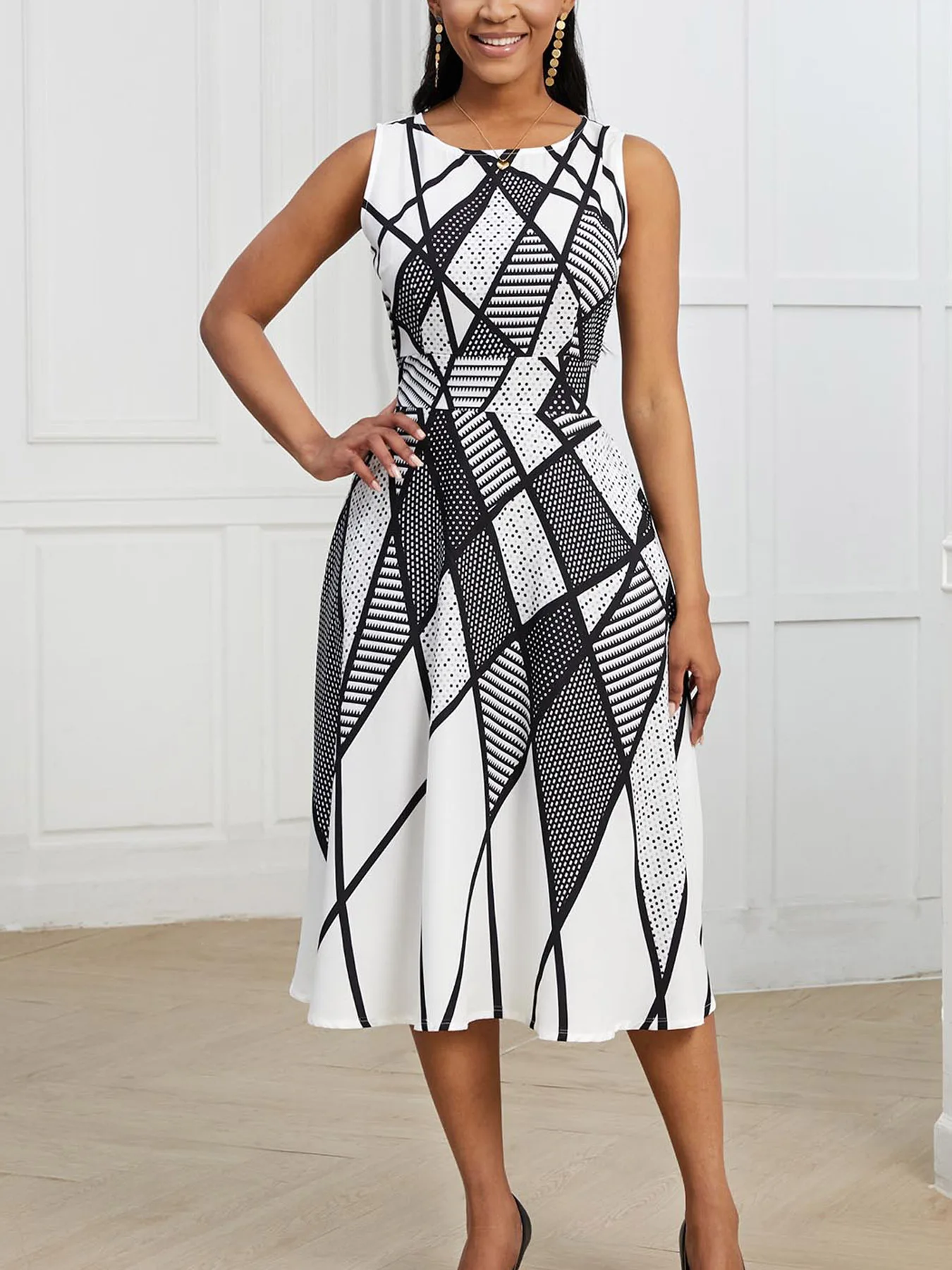 

Женское летнее элегантное платье без рукавов в винтажном стиле с круглым вырезом, для работы и отдыха, миди, с геометрическим принтом, для вечеринок, свободного кроя