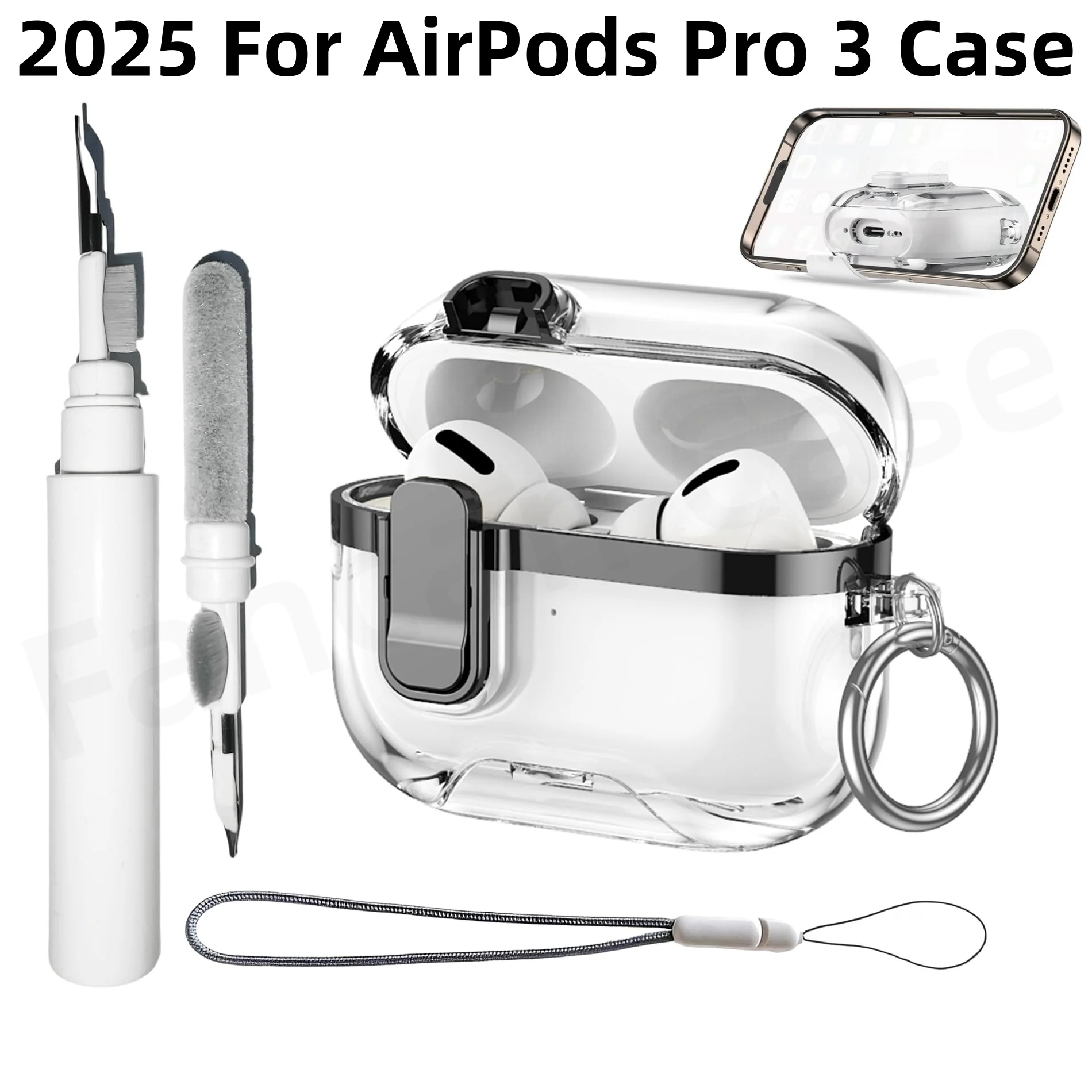Прозрачный чехол для Airpods Pro 3 с безопасным замком и комплектом для чистки. Противоударный защитный противоскользящий чехол с брелком для Airpods Pro 3.