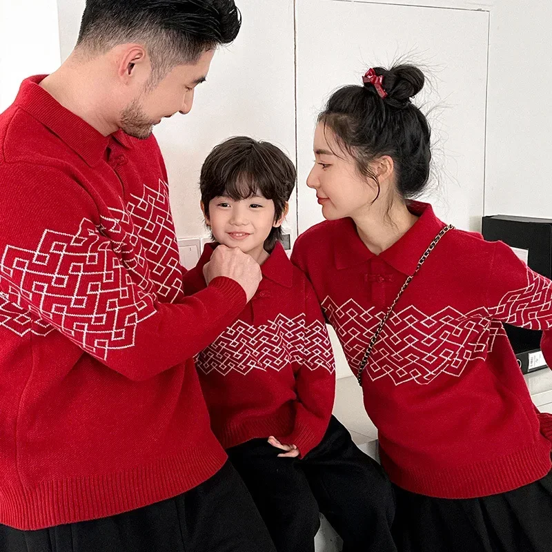 Family Red Chinese Knitted Sweater Winter New Year Parent-child Warm Christmas Jumper Dad Mom and Daughter Son Matching Clothes