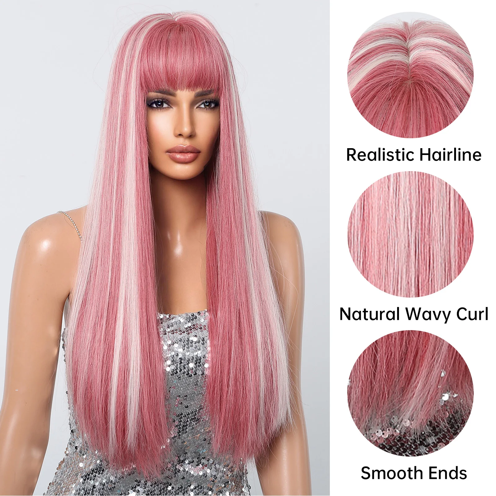 Pink Mixed White Blonde Synthetic Long Silky Straight Wig with Bangs Cosplay Costume Hairs Natural Women Wig High Temperature