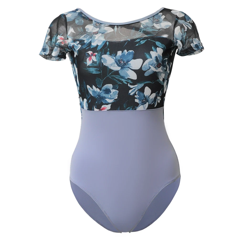여성용 메쉬 댄스 레오타드, 성인용 프린트 반팔, 섹시한 할로우 아웃 레오타드, 블루
